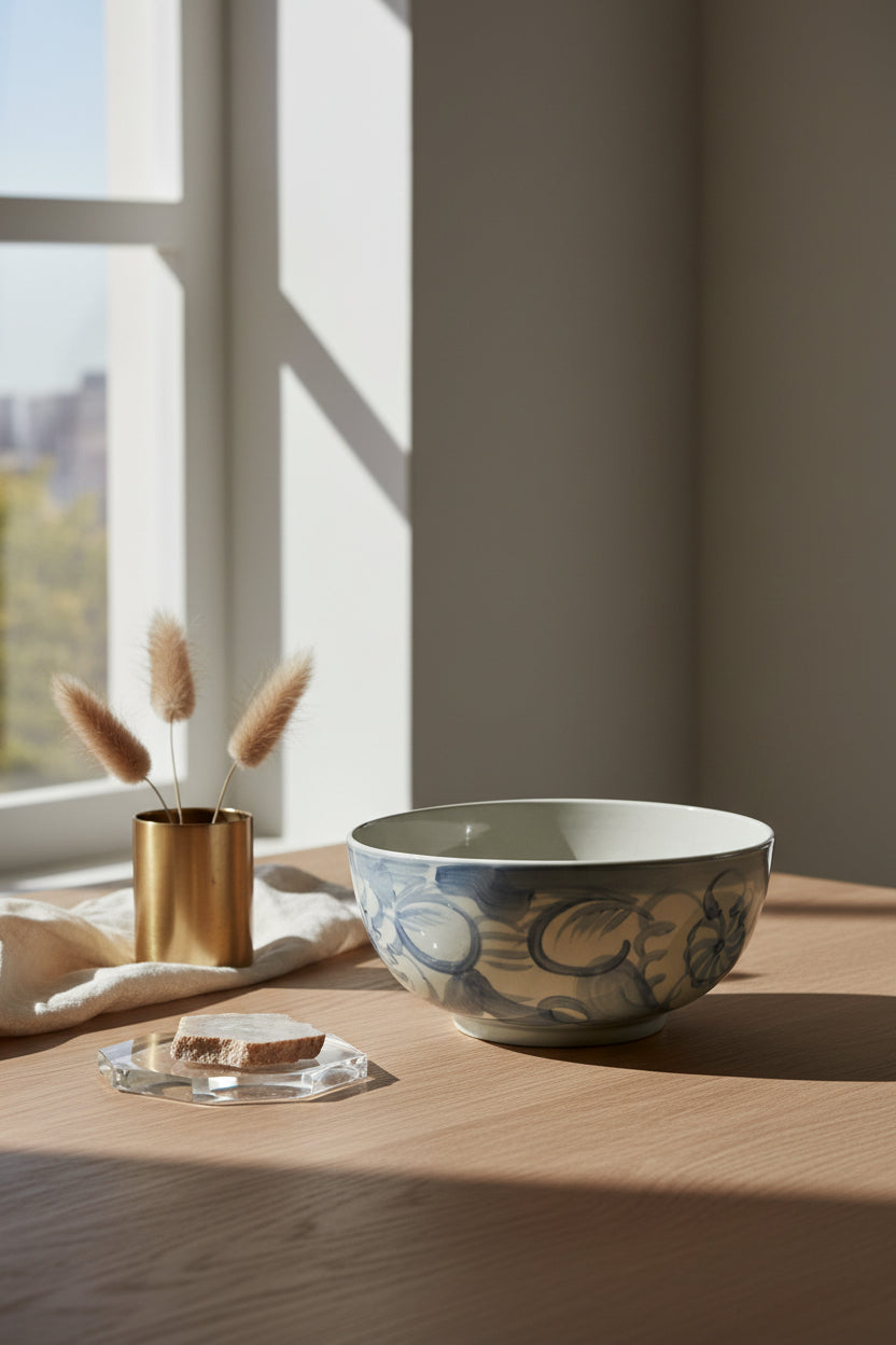 Bol en céramique chinoise bleu et blanc avec motif floral peint à la main pour salon et salle à manger