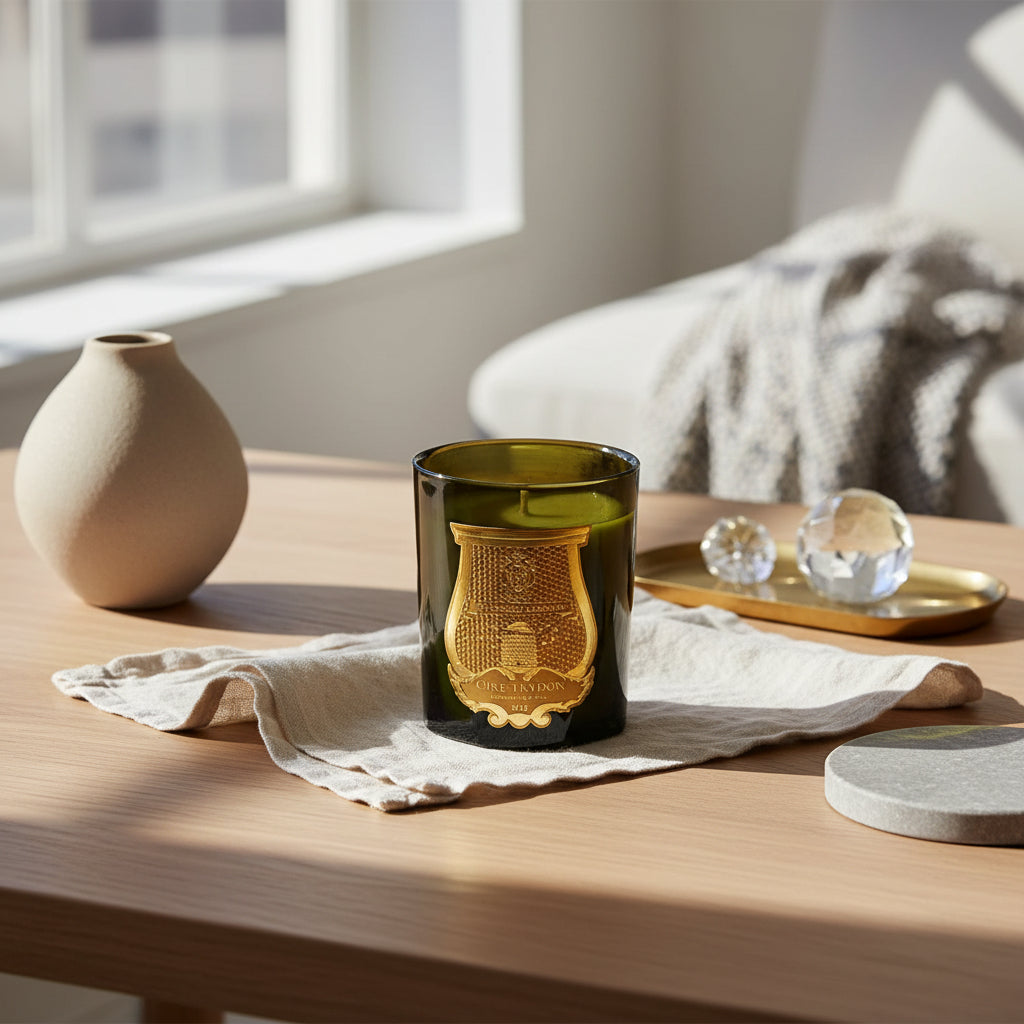 Bougie en verre d'inspiration française au parfum de citron, figue, bois de cèdre et lavande pour salon et chambre