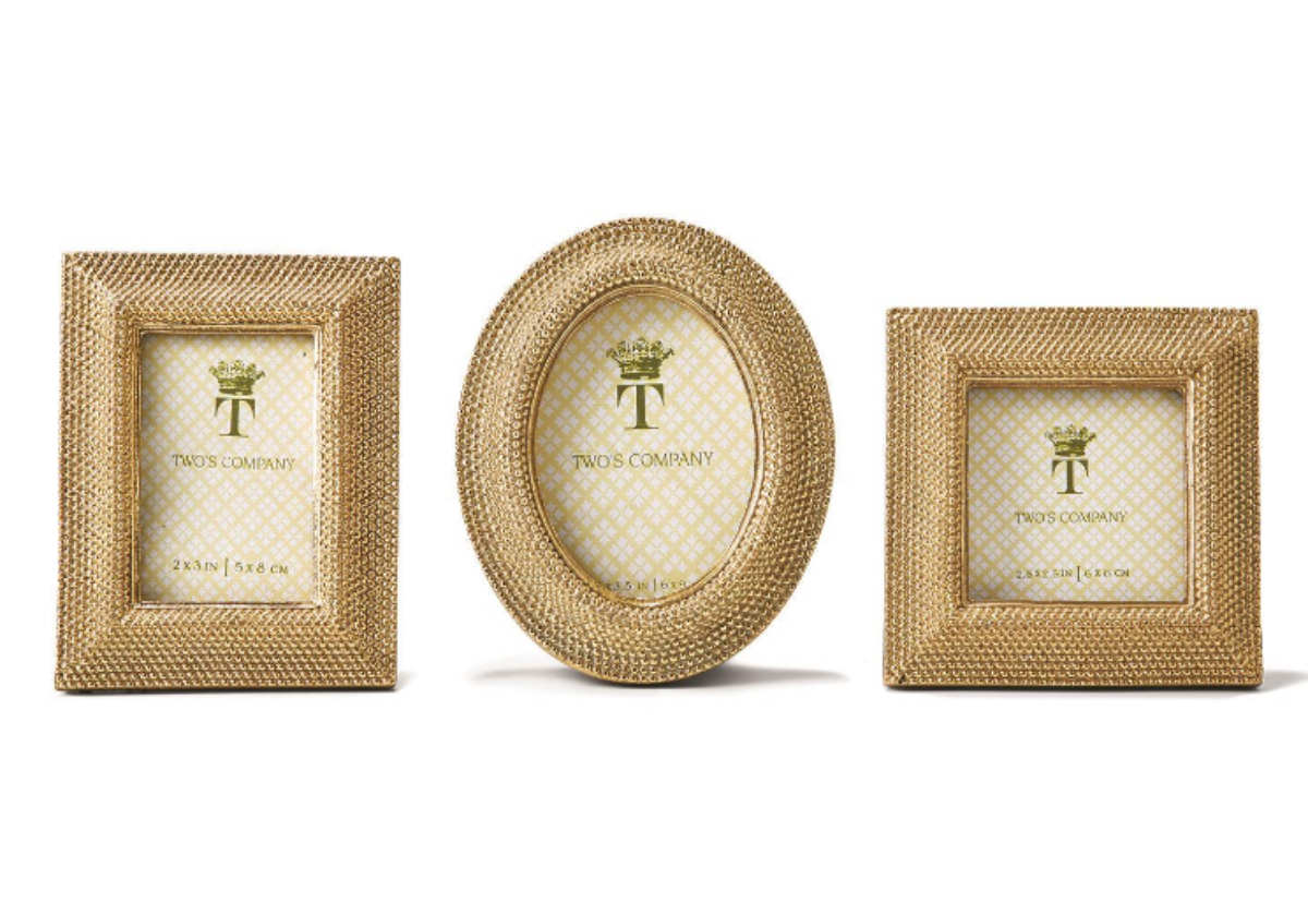 Cadre photo moderne en résine avec détails à pois dorés, formes rectangulaire, ovale et carrée, pour bureau et salon