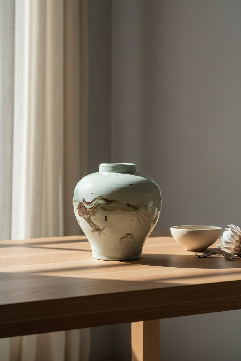 Vase en céramique orientale à motif de dragon, tons gris et blanc pour salon et bureau