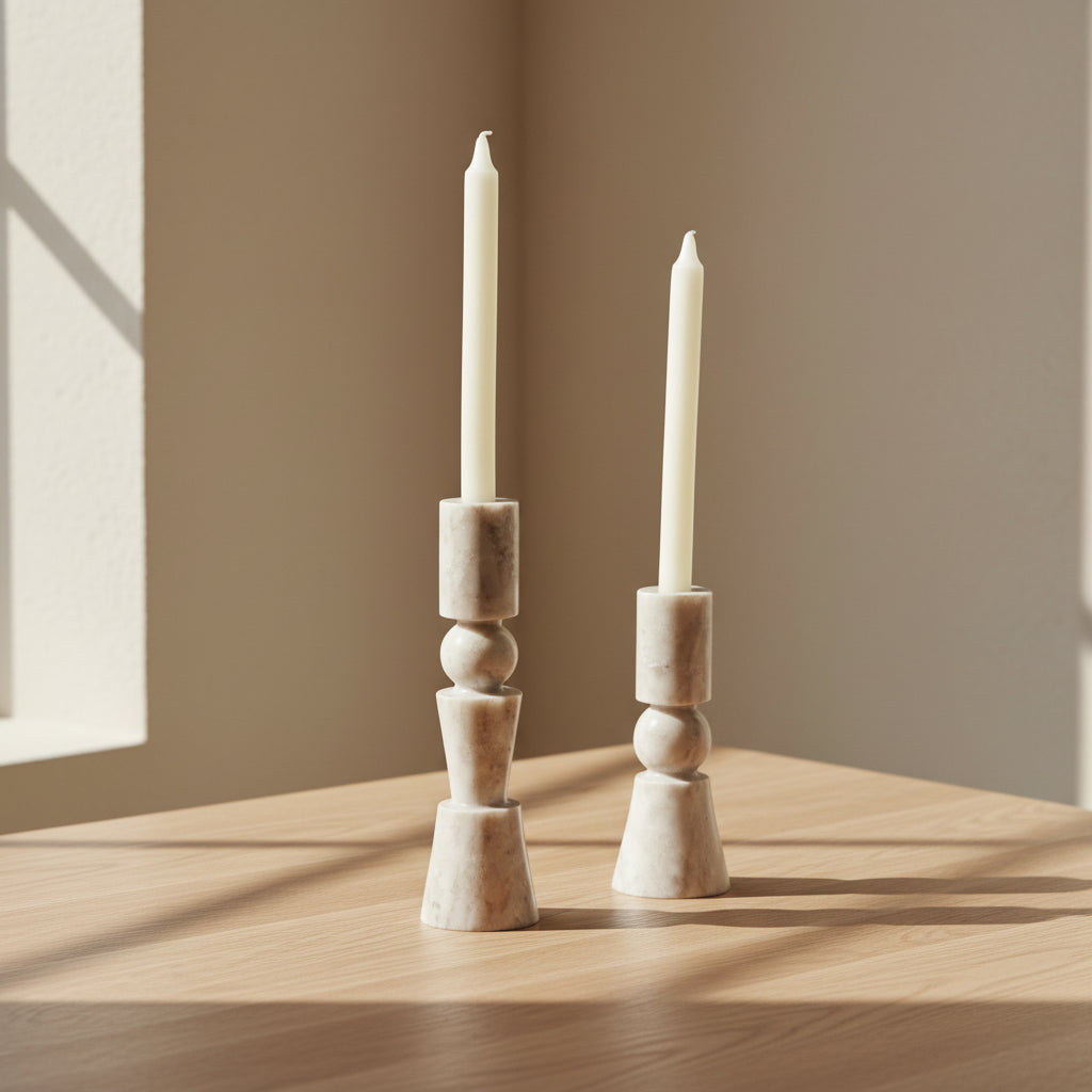 Bougeoir conique en marbre classique avec motif géométrique taupe crème pour salle à manger et salon