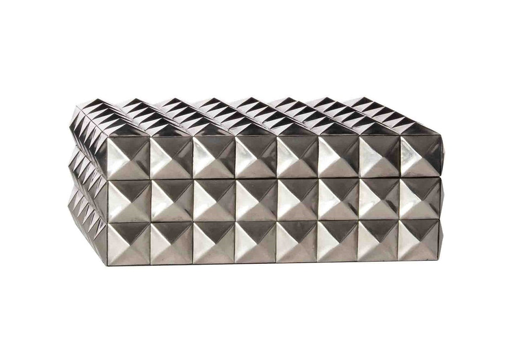 Boîte de rangement moderne en bois à double compartiment cloutée de platine pour coiffeuse et bureau