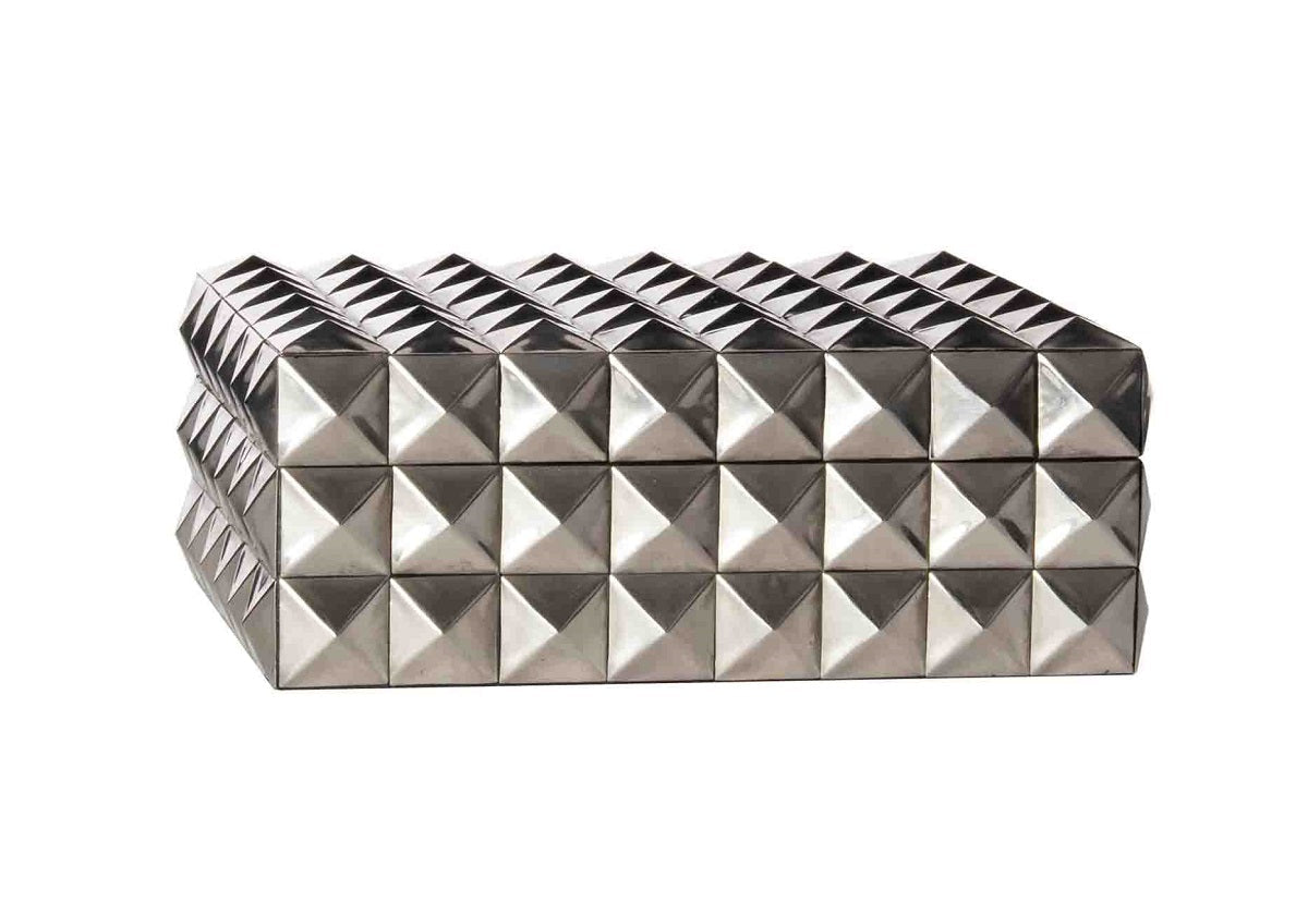 Boîte de rangement moderne en bois à double compartiment cloutée de platine pour coiffeuse et bureau