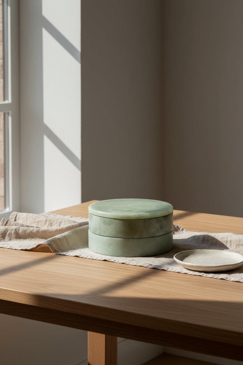 Boîte de rangement pivotante en pierre naturelle avec double compartiment en albâtre vert pour coiffeuse et bureau