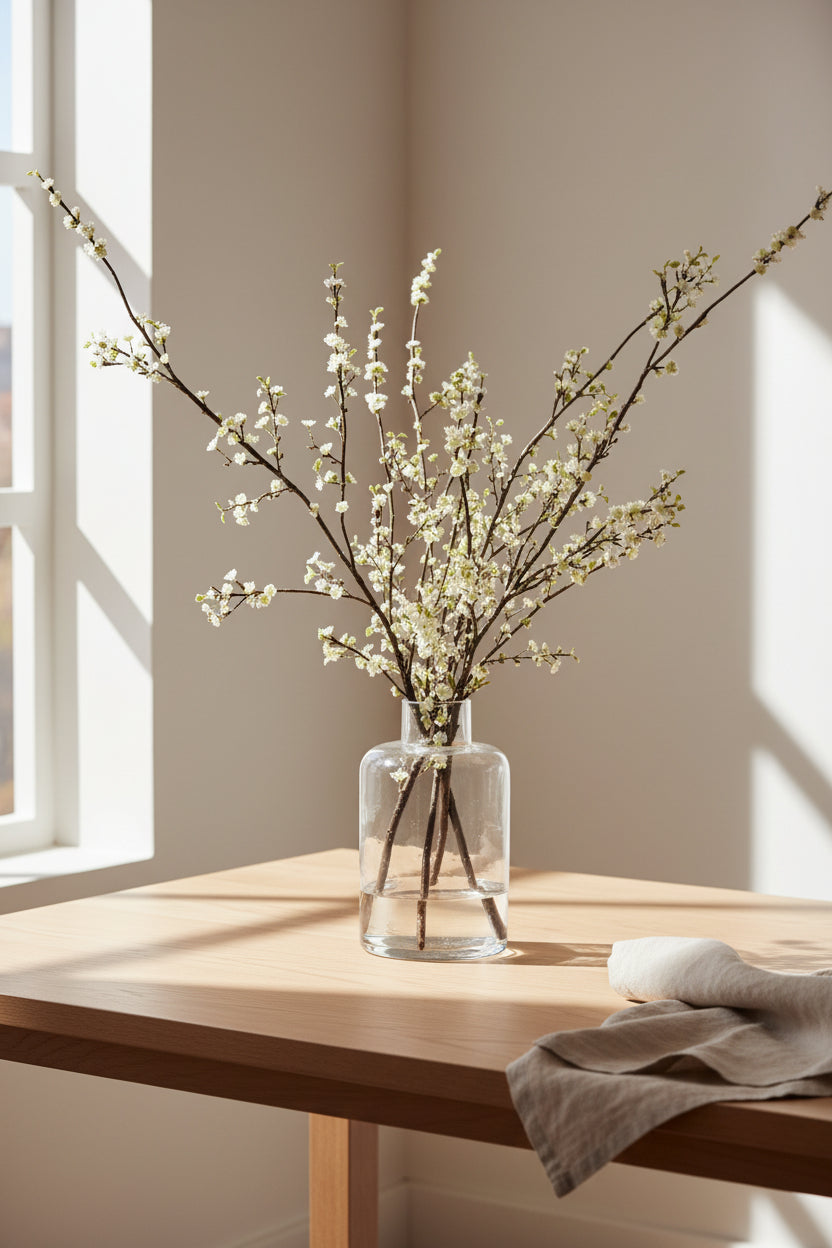 Branche de fleurs de prunier blanches synthétiques orientales avec vase en verre transparent pour entrée et salon