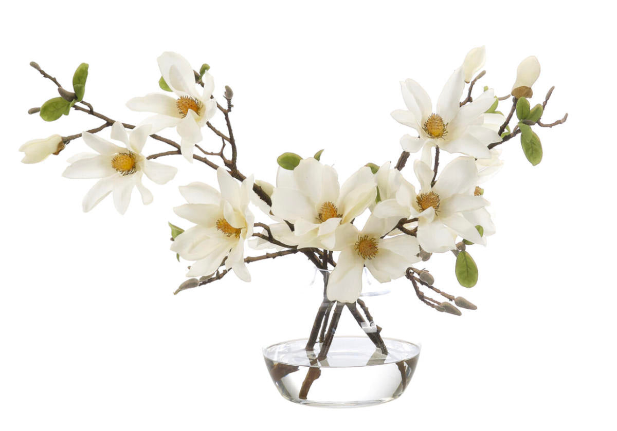 Branche de magnolia blanc synthétique naturel avec vase en verre transparent pour salon et entrée