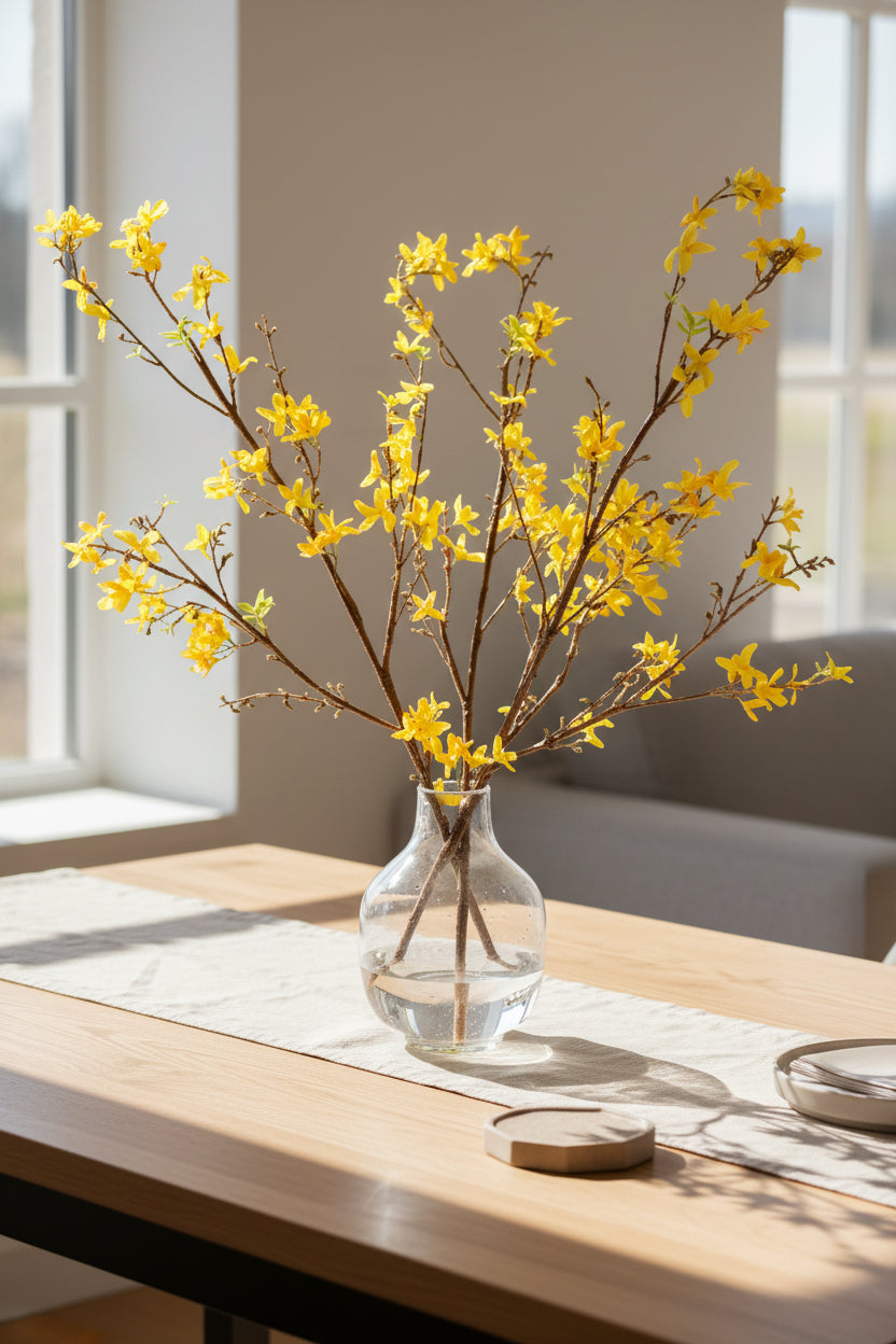 Branche de Forsythia Jaune Synthétique Naturel avec Vase en Verre Transparent pour Entrée et Salle à Manger