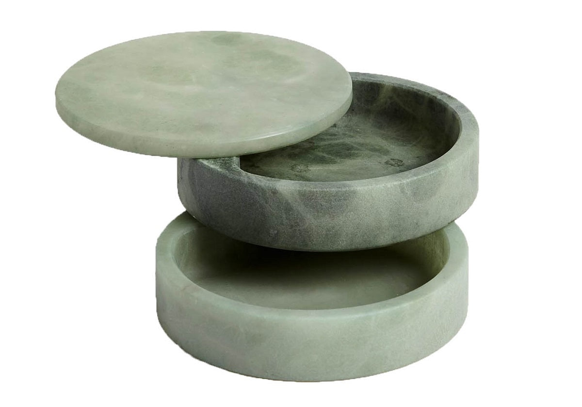 Boîte de rangement pivotante en pierre naturelle avec double compartiment en albâtre vert pour coiffeuse et bureau